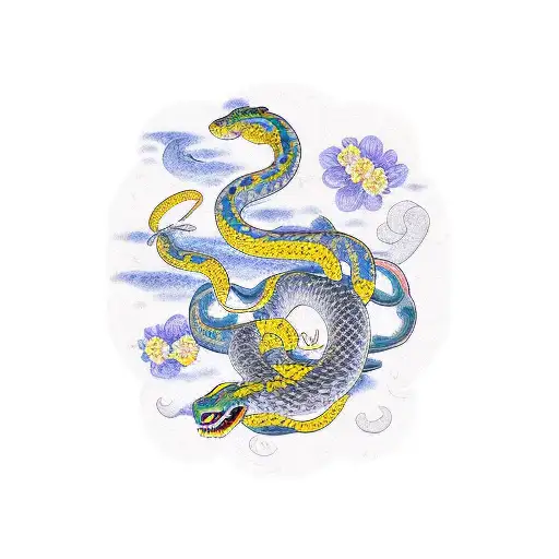 snake with flowers representing gemini and sagittarius  tattoo design idea