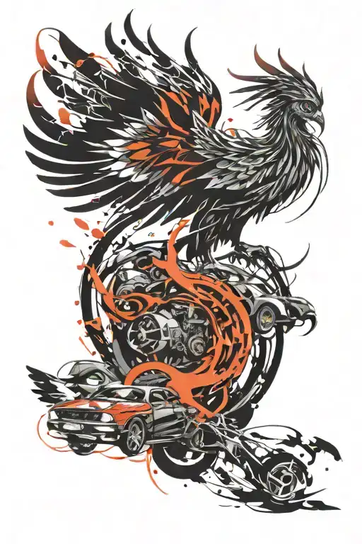 Design a tattoo of a phoenix transforming into a futuristic car, blending elements of fire and metal tattoo design idea