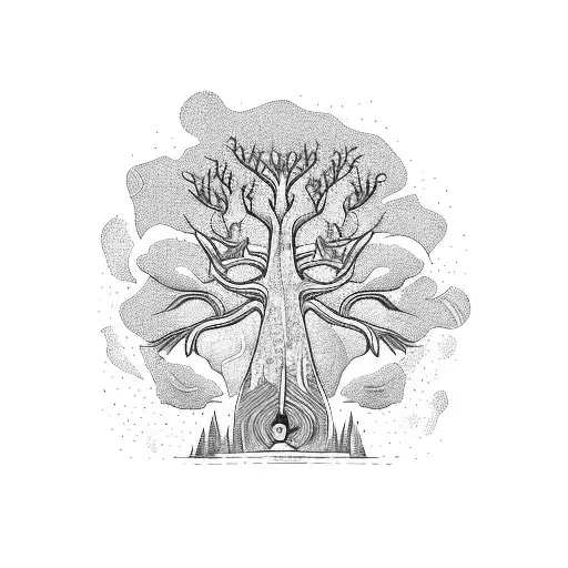 A majestic Baobab tree surrounded by a swirling galaxy tattoo design idea