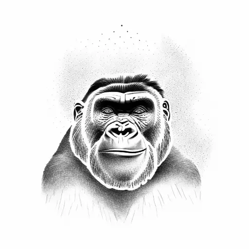 A dotwork tattoo of a Gorilla sitting peacefully under the shade of a Baobab tree tattoo design idea