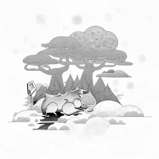 A black-grey tattoo showcasing a mysterious anime-inspired forest with hidden capybaras and rock music references tattoo design idea