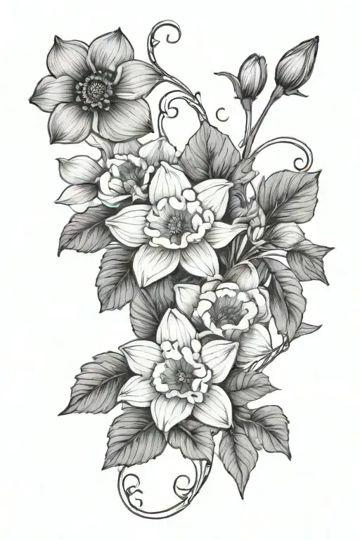 daffodil and poppy flower with vines thigh tattoo with flowers tattoo design idea
