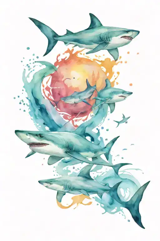 Sharks swimming with fish and manta rays tattoo design idea