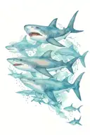 Sharks swimming with fish and manta rays tattoo design idea