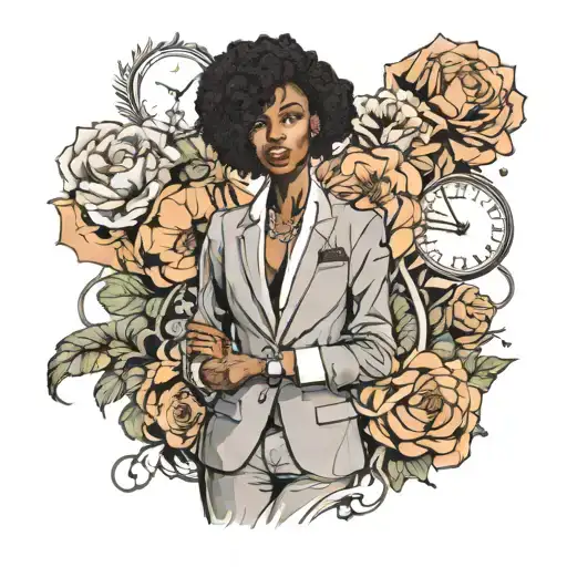 tall slim black girl in office suit. full body. frontal view. tattoo design idea