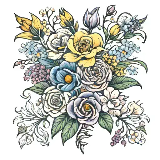 bouquet of September, November, and April birth flowers tattoo design idea