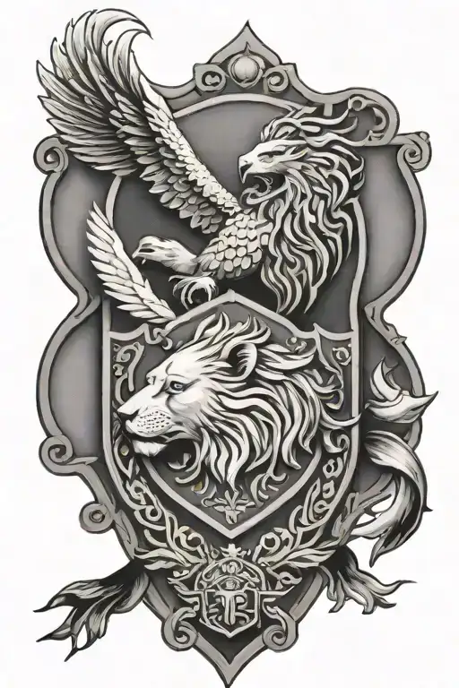 shield with lion head, lamb, and dove tattoo design idea