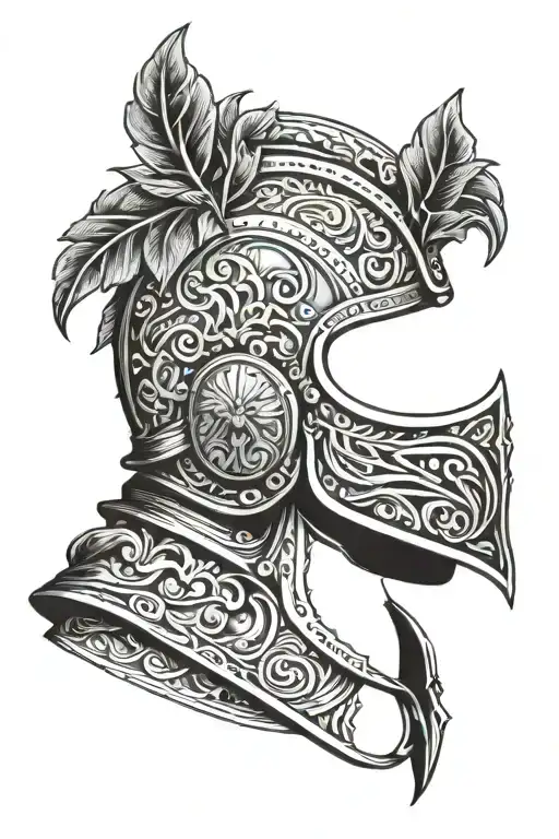 barbute helmet and laurel wreath wrapped facing front tattoo design idea
