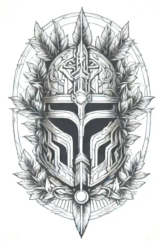barbute helmet and laurel wreath under facing forward tattoo design idea