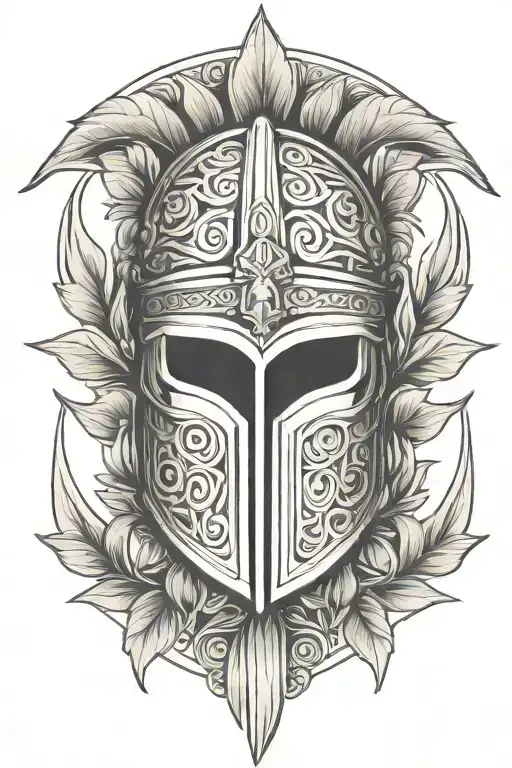 Greek barbute helmet and laurel wreath under facing forward tattoo design idea