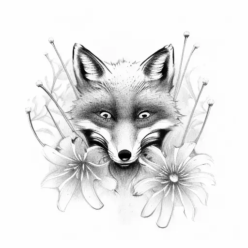 Japanese fox masks, spider lily flowers, katana tattoo design idea