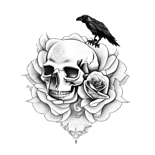 crow perched upon a skull surrounded by roses tattoo design idea