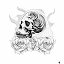 crow perched upon a skull surrounded by roses tattoo design idea