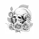 crow perched upon a skull surrounded by roses tattoo design idea