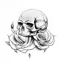 crow perched upon a skull surrounded by roses tattoo design idea