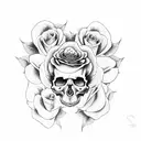 crow perched upon a skull surrounded by roses tattoo design idea