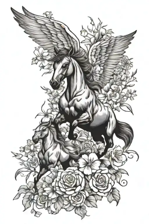 pegasus horses flying through a flowergarden tattoo design idea