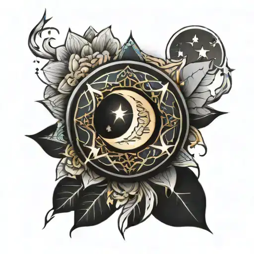 mandala with crescent lightning and stars and moon tattoo design idea