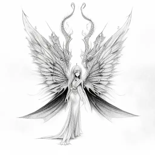 feminine long dragon with fairy wings tattoo design idea