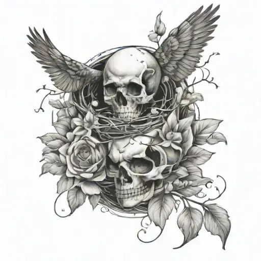 Bird nest inside the back of a broken skull surrounded by flowers and a bird landing and flowers surroinding it  tattoo design idea