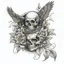 Bird nest inside the back of a broken skull surrounded by flowers and a bird landing and flowers surroinding it  tattoo design idea