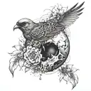 Bird nest inside the back of a broken skull surrounded by flowers and a bird landing and flowers surroinding it  tattoo design idea