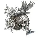Bird nest inside the back of a broken skull surrounded by flowers and a bird landing and flowers surroinding it  tattoo design idea