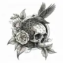 Bird nest inside the back of a broken skull surrounded by flowers and a bird landing and flowers surroinding it  tattoo design idea