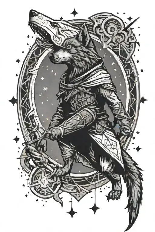 Assassin's creed symbol and wolf hawlin to moon surrounded by stars tattoo design idea