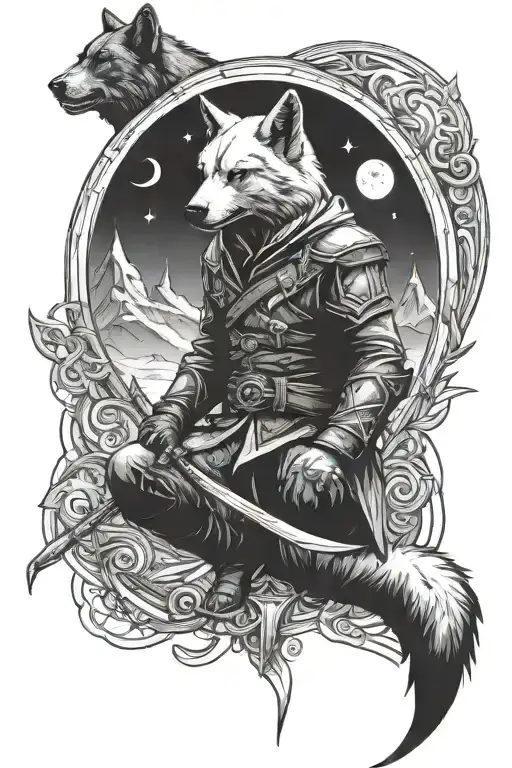 Assassin's creed symbol and wolf sitting and hawlin to moon tattoo design idea