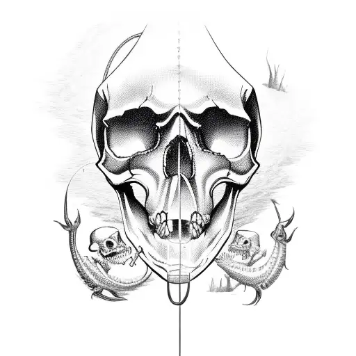 A fishing lure shaped like a skull with horror-inspired details, surrounded by hunting and fishing tools tattoo design idea