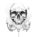 A fishing lure shaped like a skull with horror-inspired details, surrounded by hunting and fishing tools tattoo design idea