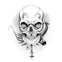 A fishing lure shaped like a skull with horror-inspired details, surrounded by hunting and fishing tools tattoo design idea