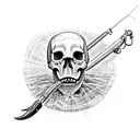 A fishing lure shaped like a skull with horror-inspired details, surrounded by hunting and fishing tools tattoo design idea