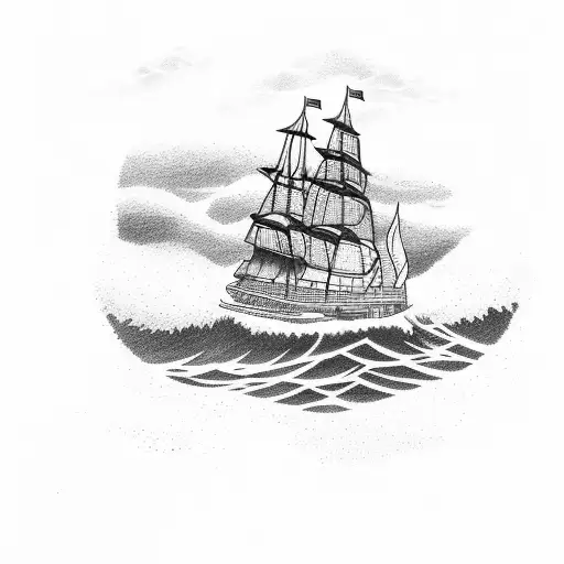 a ship sailing through a lightning storm, big waves tattoo design idea