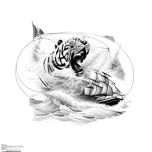 a boat sailing the rough sea, with a tiger in a cage on its deck tattoo design idea