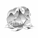 a boat sailing the rough sea, lighting storm tattoo design idea