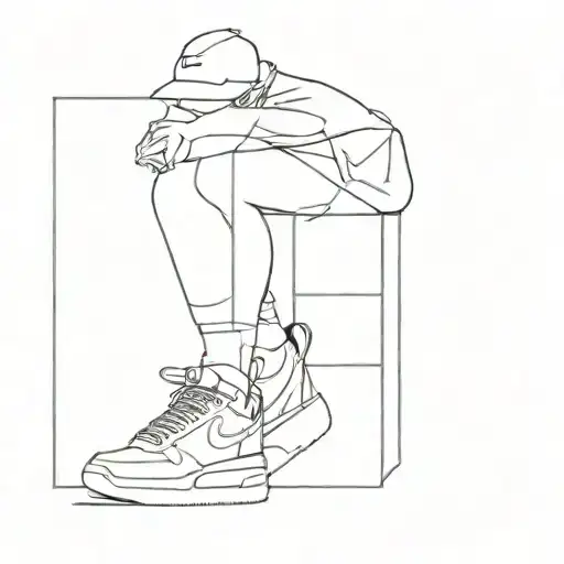 line drawing person in shorts and Nike shoes with box on head  tattoo design idea