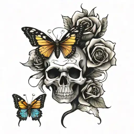skull rose a butterfly tattoo design idea