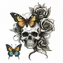 skull rose a butterfly tattoo design idea