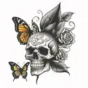 skull rose a butterfly tattoo design idea
