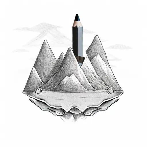 A hand holding a pencil, with a mountain landscape and a flowing river drawn within it tattoo design idea