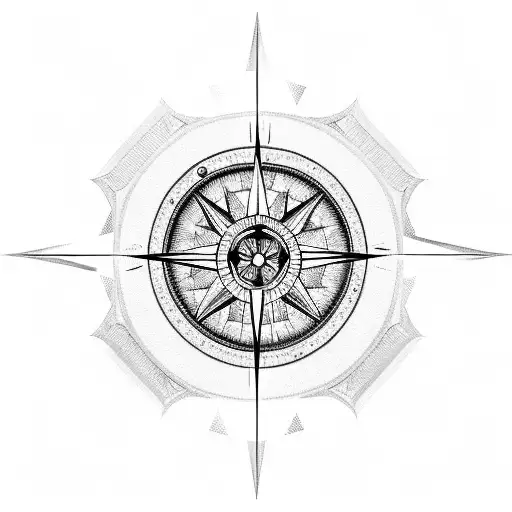 A video game controller morphed into a compass, with pixelated mountains and trees in the background tattoo design idea