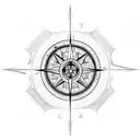 A video game controller morphed into a compass, with pixelated mountains and trees in the background tattoo design idea