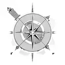 A video game controller morphed into a compass, with pixelated mountains and trees in the background tattoo design idea