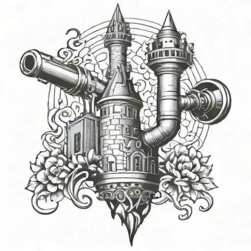 Create a blackwork design of a welding torch intertwined with a castle turret tattoo design idea