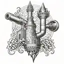 Create a blackwork design of a welding torch intertwined with a castle turret tattoo design idea