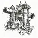 Create a blackwork design of a welding torch intertwined with a castle turret tattoo design idea