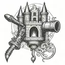 Create a blackwork design of a welding torch intertwined with a castle turret tattoo design idea