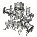 Create a blackwork design of a welding torch intertwined with a castle turret tattoo design idea